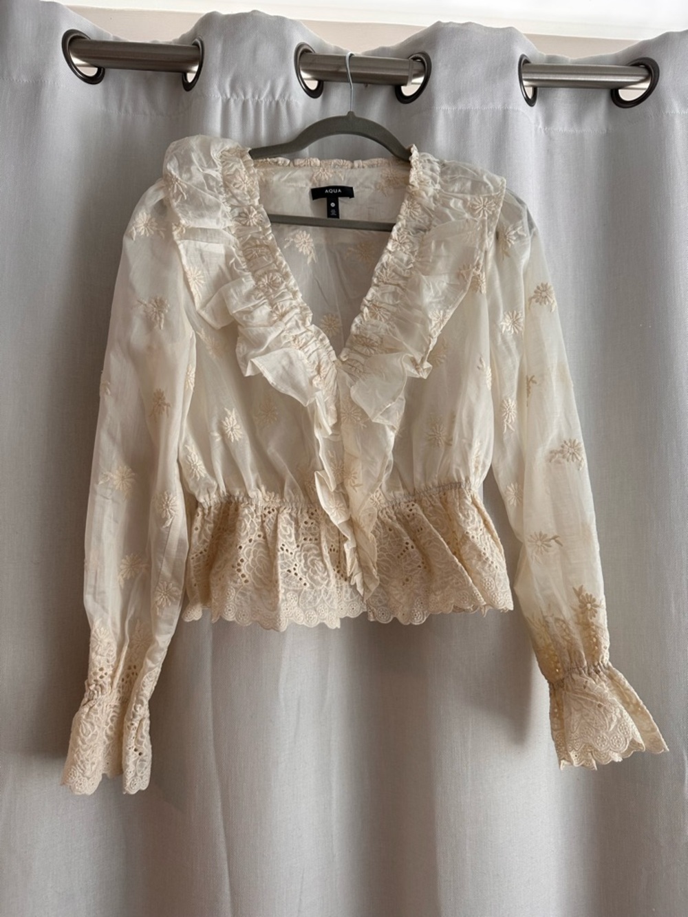 NWT! Aqua Ivory Ruffled Lace Embroidered Peplum Blouse